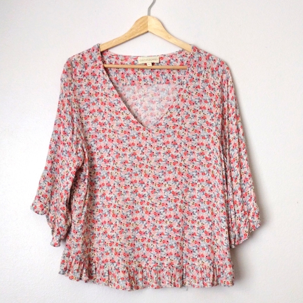 GUC Cynthia Rowley "V-Neck 3/4 Bell Sleeves All Over Floral Ruffle Trim Top" XL - Picture 1 of 12